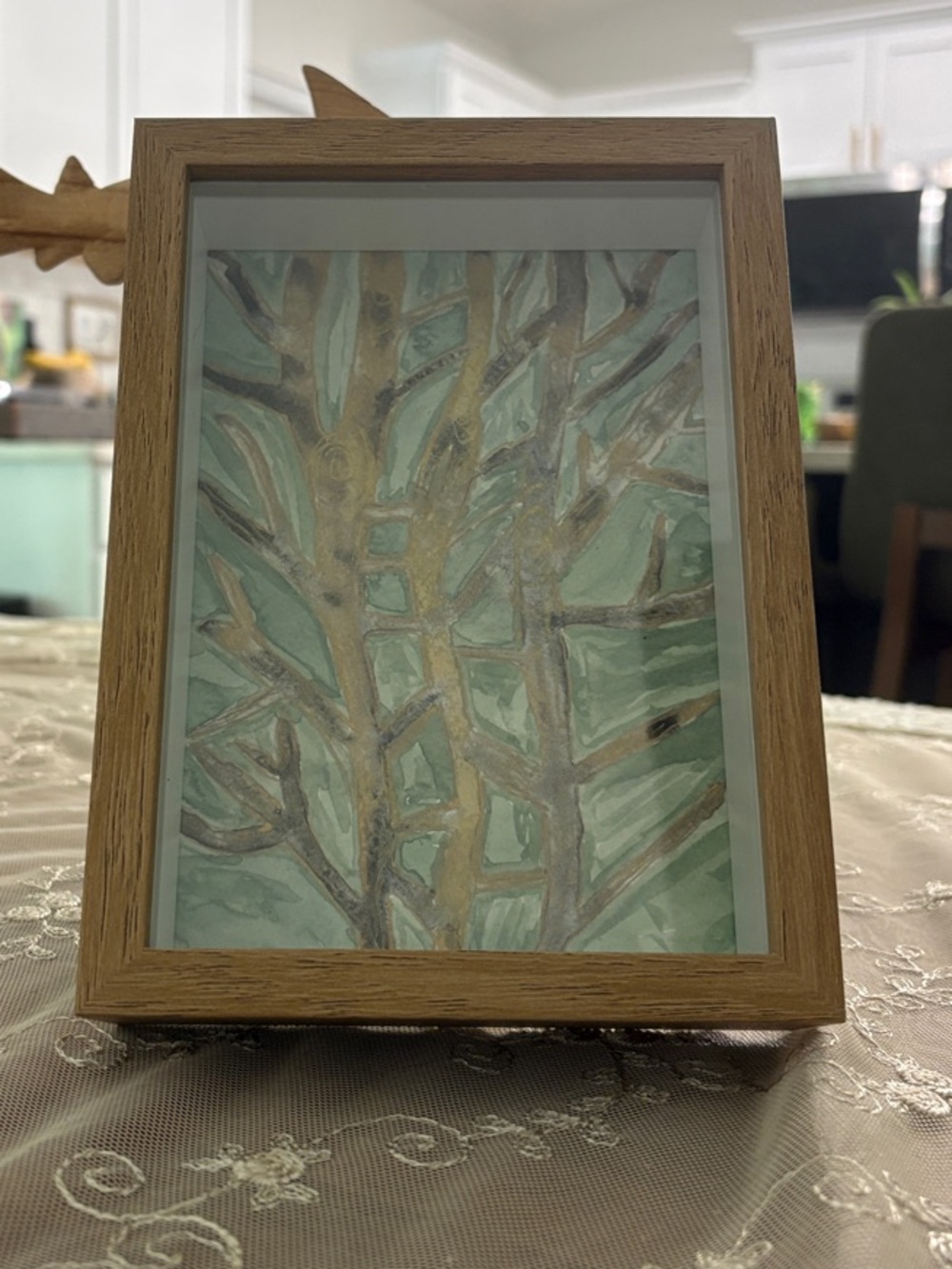 Natural Wood Frame Artwork in Light Green and Brown